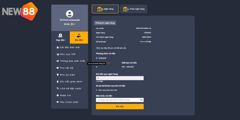 Giao diện tạo lệnh rút tiền ở nhà cái NEW88